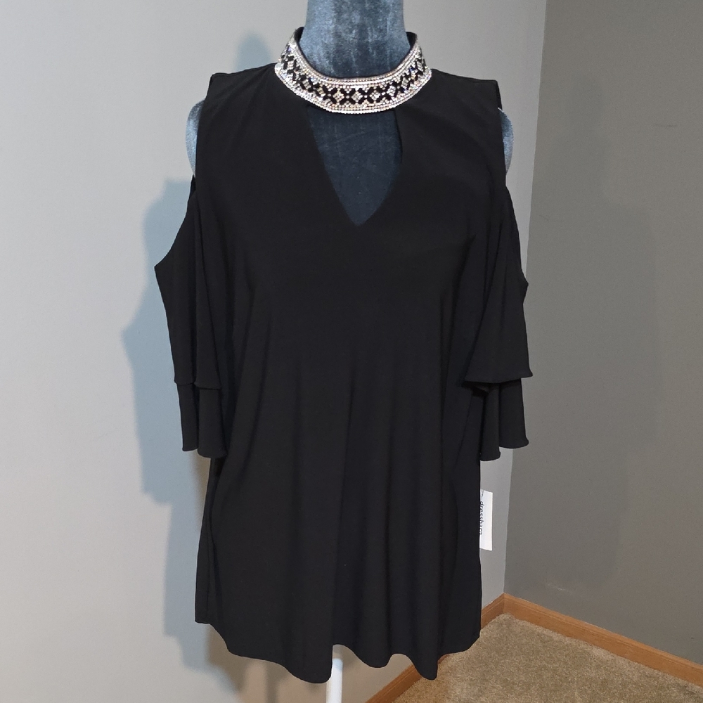 Roz & Ali Black Cold Shoulder Blouse‎ with Embellished Neckline Sz XL